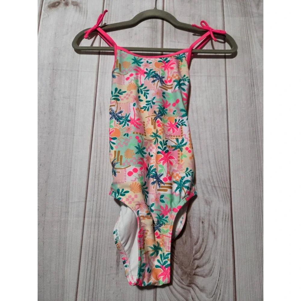 Cat‎ & Jack Girls Tropical Palm Tree One Piece Swimsuit Pink Green L 10/12 NWT